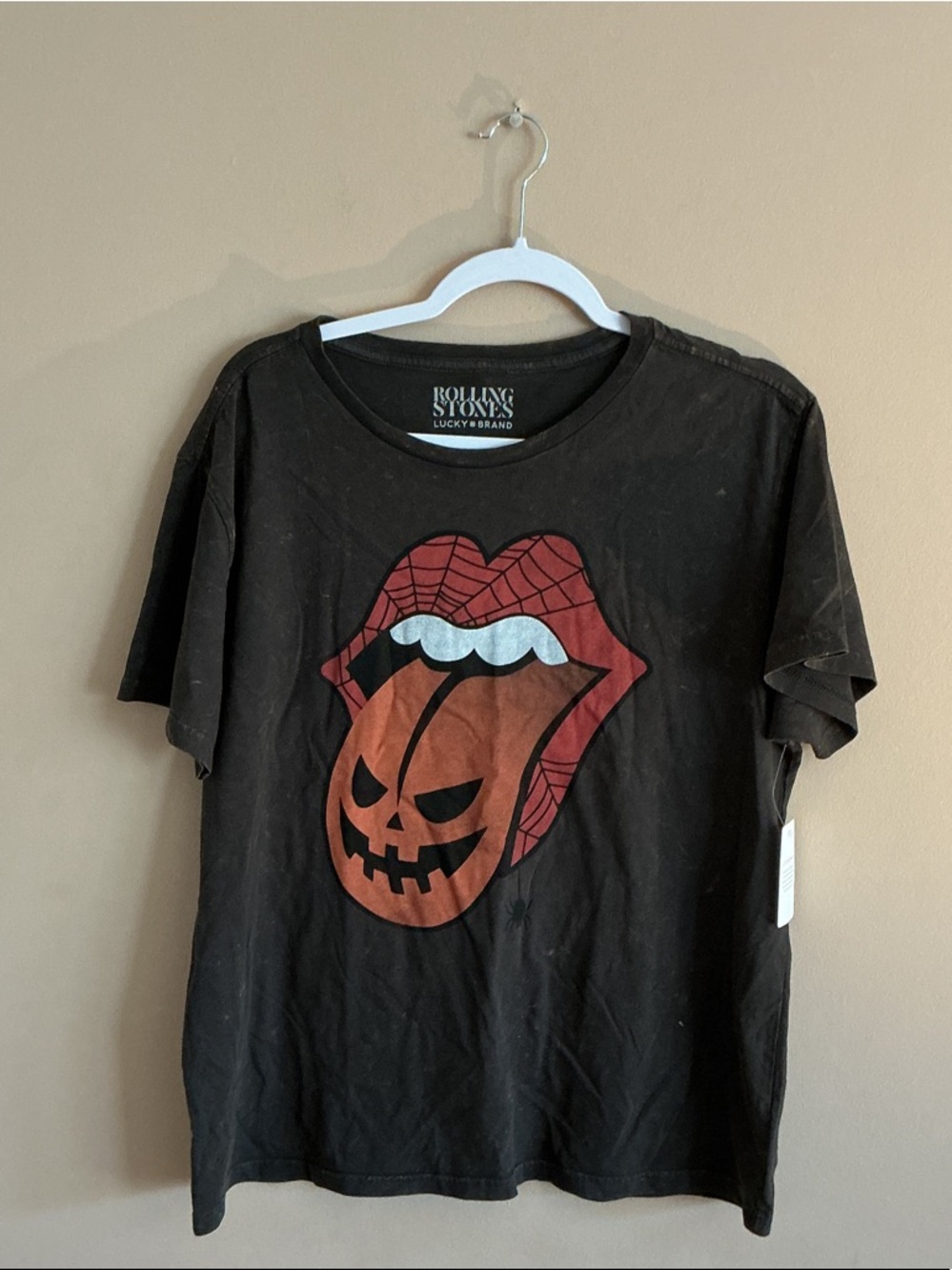 Lucky Brand Black Tee with Red Lips & Orange Pumpkin Tongue